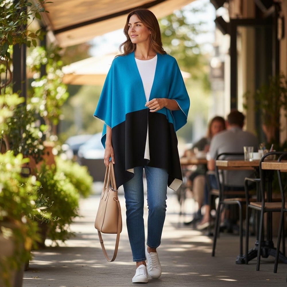 NWT Mia Reis Reversible Knit Wrap Turquoise Black Colorblock Poncho Shawl OS